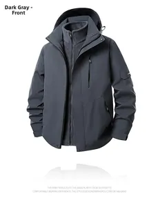 Detailed macro view of dark grey 3-in-1 men's outdoor jacket with detachable fleece lining