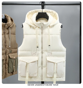 Detail view of cream hooded quilted vest with large cargo pockets and zipper closure