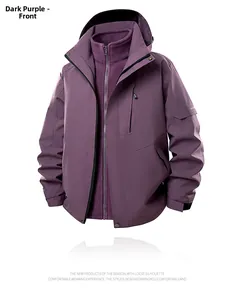 Detail view of purple 3-in-1 outdoor jacket featuring a detachable fleece lining and hood