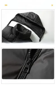 Detail view of black padded vest featuring a detachable hood and durable resin zipper