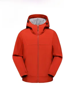 Close-up of waterproof fabric and high-collar hood on the red outdoor functional jacket