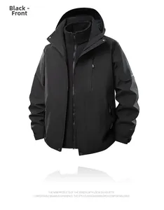 Detail of black 3-in-1 hiking jacket showing waterproof shell and adjustable hood