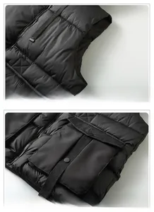 Detail view of black utility vest with large 3D pockets and nylon webbing straps