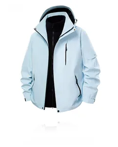 Detail of blue 3-in-1 jacket with detachable black fleece liner and waterproof zipper