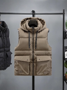 Men's khaki hooded cotton vest with utility pockets and windproof fabric for winter