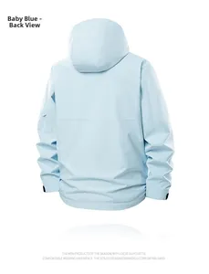 Back view of baby blue waterproof hooded outdoor jacket with adjustable velcro cuffs