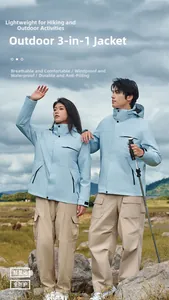 Outdoor 3-in-1 light blue jacket detail showing waterproof fabric and hooded design