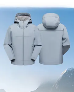 Waterproof light blue outdoor hooded jacket for hiking with windproof softshell fabric