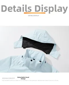 Detail view of the light blue jacket showing the detachable hood and collar structure
