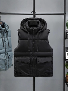 Men's hooded padded vest in black and blue with large flap pockets and drawstrings