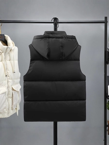 Men's hooded quilted puffer vest in matte black with multi-pocket streetwear style