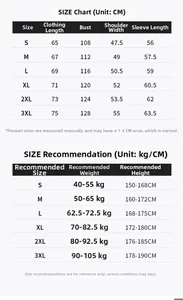 Detailed size chart for outdoor hooded jacket showing measurements from S to 3XL