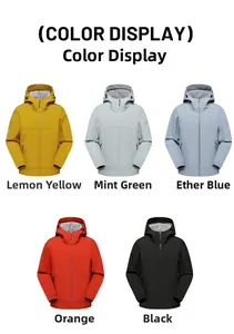 Color options of hooded outdoor jackets in yellow, green, blue, orange and black