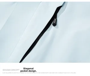 Macro detail of slanted zipper pocket with SPORTS puller on blue outdoor jacket
