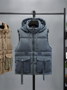 Men's hooded utility vest with multi-pockets and drawstring in dark grey blue