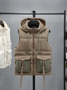 Men's khaki hooded cargo vest with green contrast pockets and quilted design