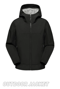 Detailed view of black waterproof outdoor softshell jacket with warm grey fleece lining
