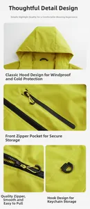 Detail view of lime green jacket features hooded design with waterproof zipper pockets