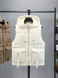 Men's off-white hooded cargo vest with padded design and large utility pockets