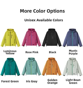 Detailed grid showing eight vibrant colors of a hooded windproof outdoor jacket