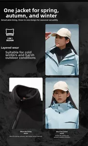 Detail showing removable black fleece liner and blue waterproof shell of the 3-in-1 jacket