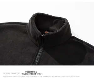 Close-up of black fleece jacket lining with high collar and orange size label detail