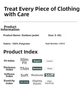 Outdoor hooded jacket product chart showing 100% polyester material and size specs