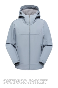 Detail of light blue outdoor windbreaker jacket with waterproof hood and zipper pockets
