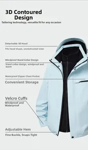 Detail view of light blue outdoor jacket with 3-in-1 design and waterproof zippers