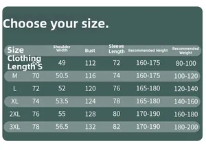 Detailed size chart for outdoor hooded jacket showing length, chest, and height recommendations