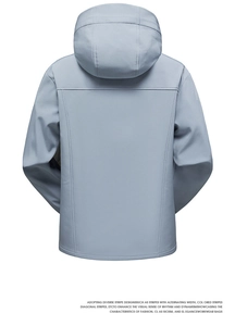 Detail of light blue-grey waterproof hooded softshell jacket back with windproof seams
