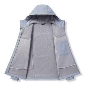 Detail showing inner breathable mesh pocket and stitching of the outdoor hooded jacket