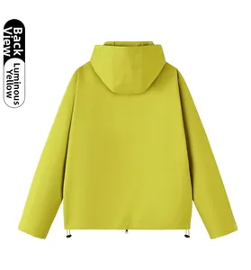 Back view of fluorescent yellow hooded jacket showing adjustable drawstring hem