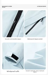 Detail view of smooth zippers, waterproof pockets, windproof cuffs, and scratch-resistant fabric