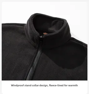 Detail of windproof stand collar and warm fleece lining on a black outdoor jacket