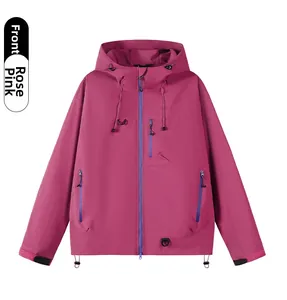 Rose pink outdoor hooded jacket with blue waterproof zippers and adjustable cuffs