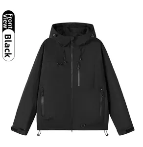 Front view detail of black hooded outdoor functional jacket with waterproof zippers