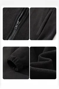 Detail view of fleece jacket showing nylon zipper, side pockets, and elastic cuffs