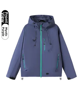 Front view of mystic purple outdoor hooded jacket with green zipper and windproof details