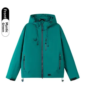 Front view of emerald green hooded outdoor jacket with zippers and adjustable cuffs
