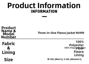 Detailed size chart and specifications for 3-in-1 waterproof outdoor jacket 96999