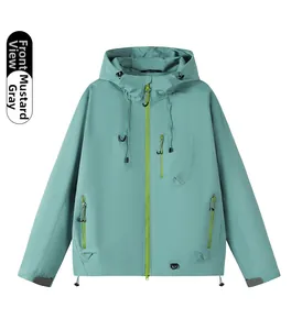 Front view of mustard ash grey waterproof hooded jacket with multi-pocket design detail