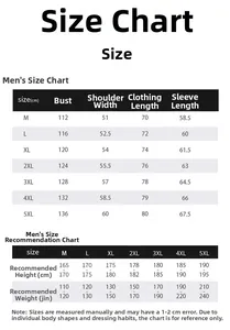 Detailed size chart for men's outdoor 3-in-1 jacket including M to 5XL measurements