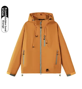 Detailed front view of windproof golden sand orange jacket with blue waterproof zippers