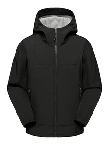 Men's black outdoor softshell jacket with a windproof hood and waterproof fabric