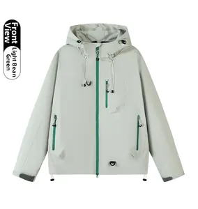 Front detail of light bean green outdoor jacket with contrasting dark green zippers