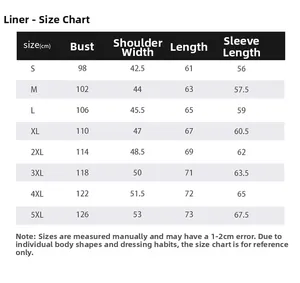 Detailed size chart for outdoor jacket inner liner covering sizes S to 5XL with measurements