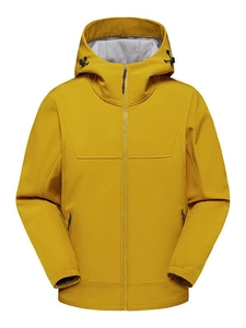 Ginger yellow waterproof hooded outdoor jacket for men with high-quality softshell fabric