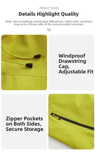 Detail of windproof hood drawstring and waterproof zipper pocket on bright yellow jacket