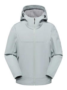 Waterproof hooded softshell jacket for men in light grey blue with zipper pockets